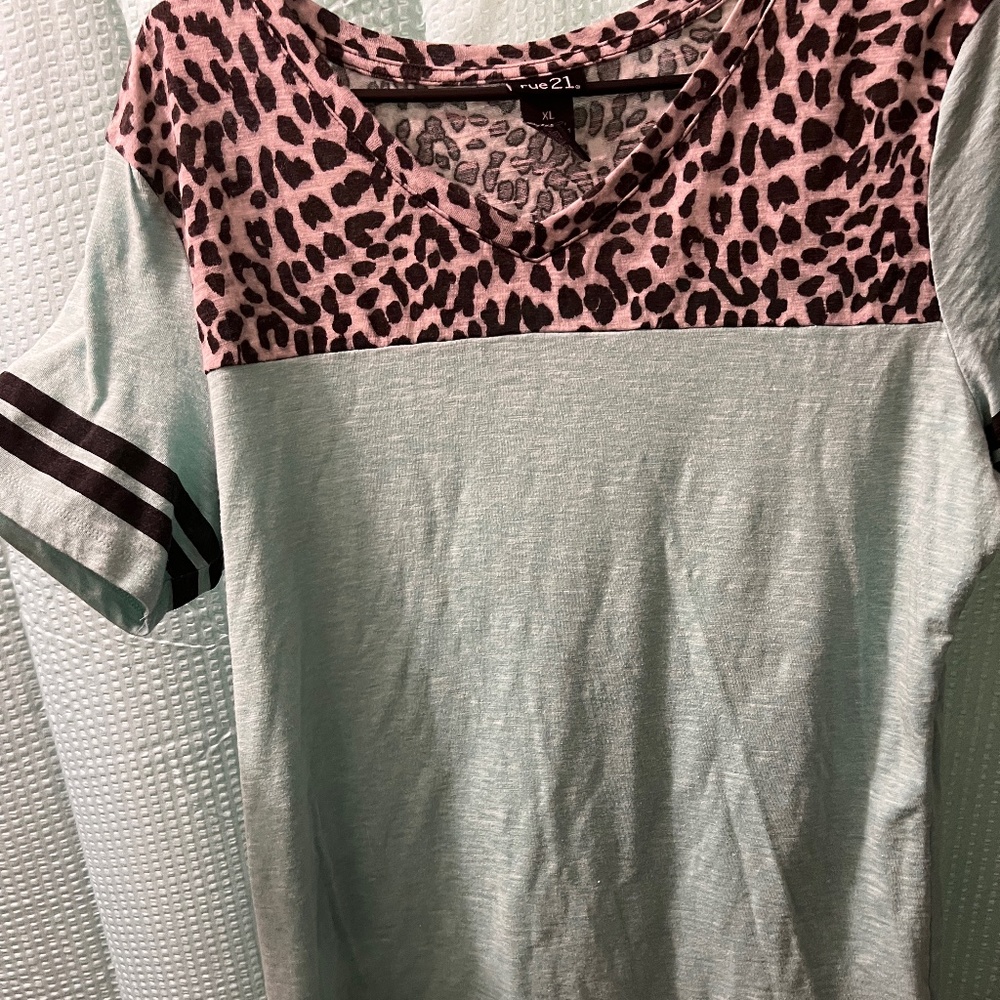 Teal and cheetah v neck shirt